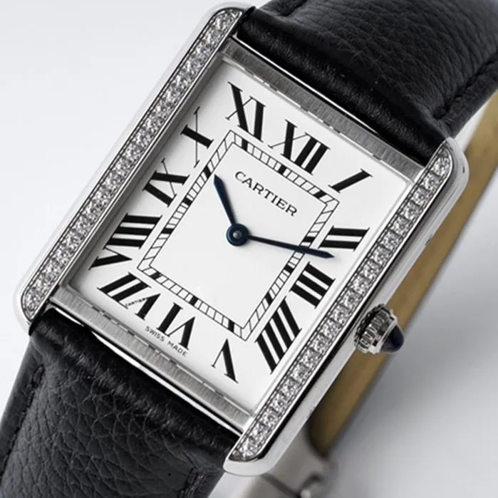 top-tier watch Cartier women's white dial tank series leather strap watch front view