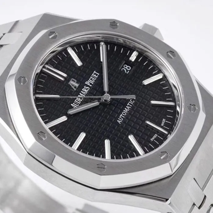 top-tier watch Audemars Piguet men's black dial Royal Oak mechanical steel bracelet watch front view