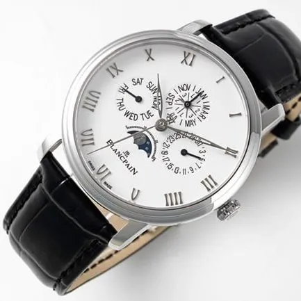 Top-tier watch Blancpain manual winding mechanical men's white dial black belt classic series leather strap watch front view