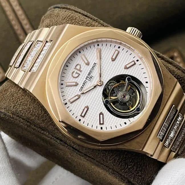 top-tier watch Girard-Perregaux men's white dial gold belt laurel series tourbillon watch front view
