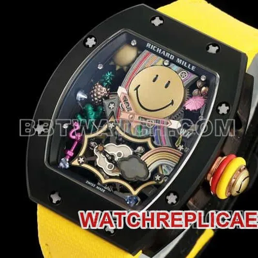 Richard Mille men's top-tier smiley tourbillon black shell yellow leather strap model RM 88front live photo