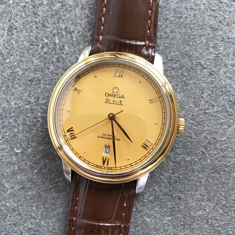 Omegatop-tier watch Diefei series men's gold plate leather strap mechanical watch front view