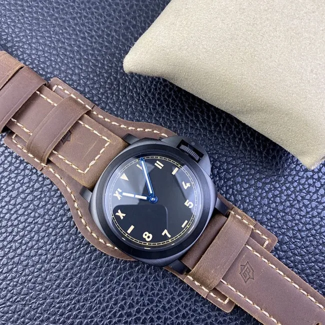 HW F factory Paneraitop-tier watch men's black dial brown belt manual winding mechanical leather strap front view