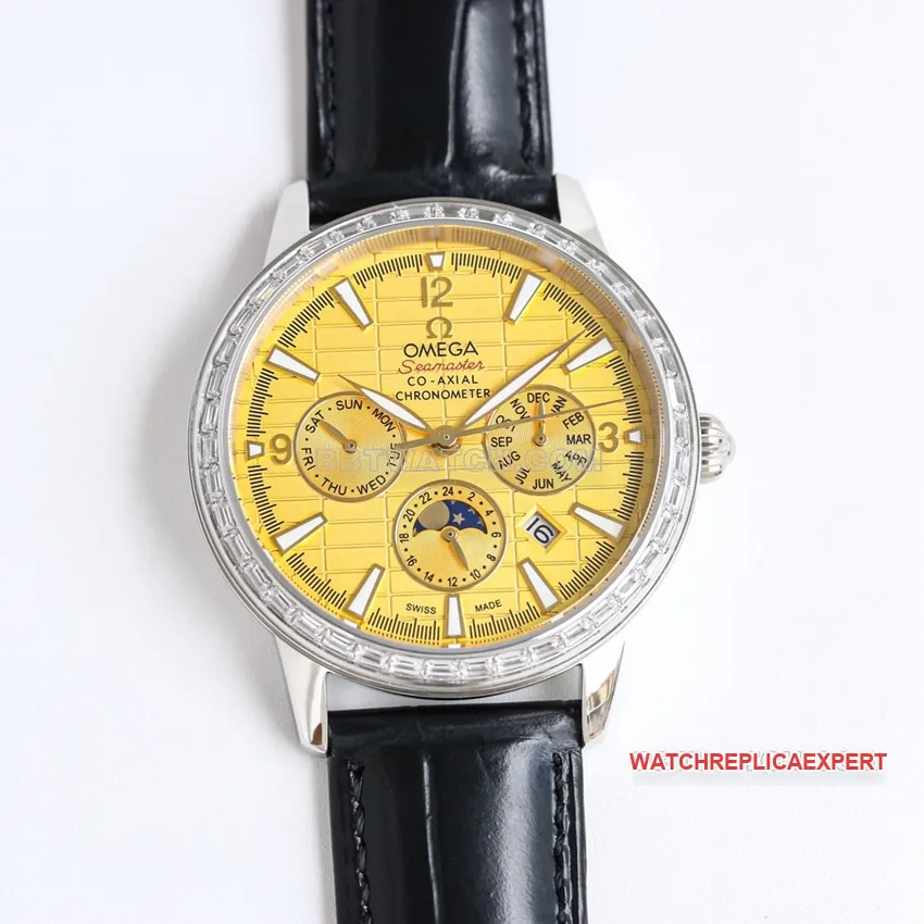 OmegaSeamaster1:1top-tier yellow white dialleather strap model 210.30.42.20.01.022front live photo