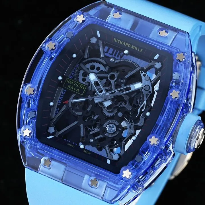 Richard Mille men's top-tier 1:1high-quality watch blue transparent hollow plate blue rubber model RM35-01caseback live photo
