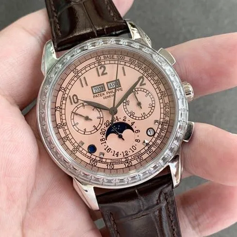 Patek Philippetop-tier watch pink plate brown belt complex function series men's leather strap watch front view