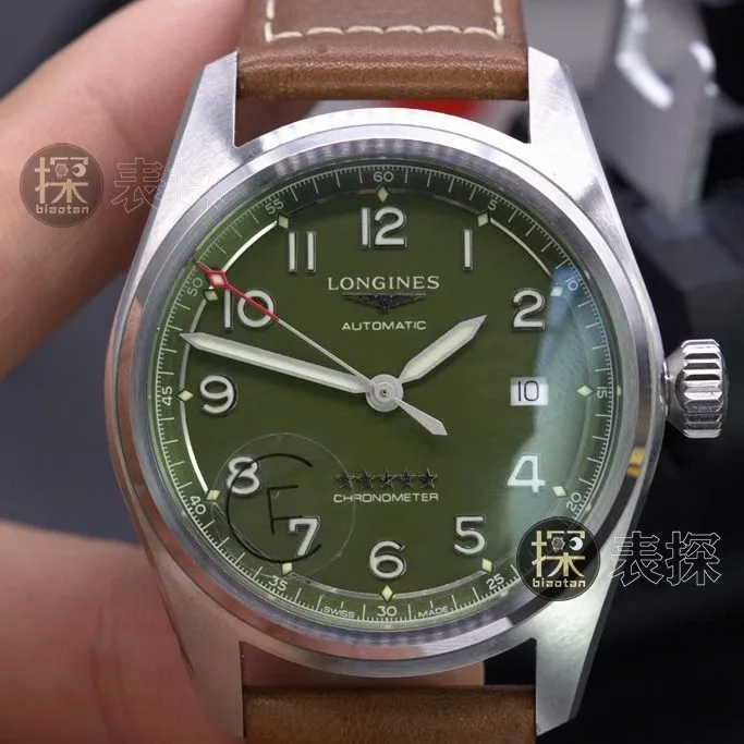 cf factory pioneer Longines 1:1replica watch green diallume brown leather bracelet front view