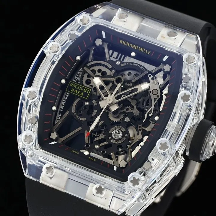 Richard Mille men's super A watches transparent skeleton disk black rubber models RM35-01 front real picture