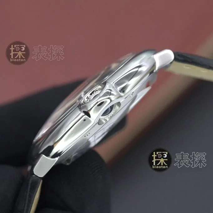 af factory blue balloon Cartier1:1replica watch white dial black leather bracelet front view