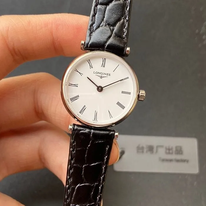 top-tier watch Longines couple watch white dial black belt ultra-thin Jialan series leather strap watch front view