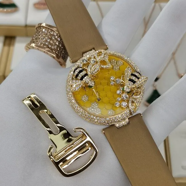 top-tierCartierreplica watch women's gold plate brown belt creative gemstone series quartzleather strap front view
