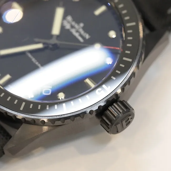top-tier watch Blancpain men's blue dial nylon strap fifty fathoms automatic movement watch front view