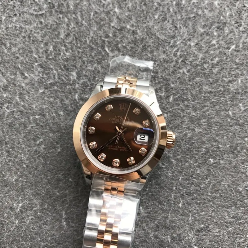 Rolex Datejust 28mm ladies' watch, mechanical, fluted bezel, rose gold, coffee dial, diamond markers, front view