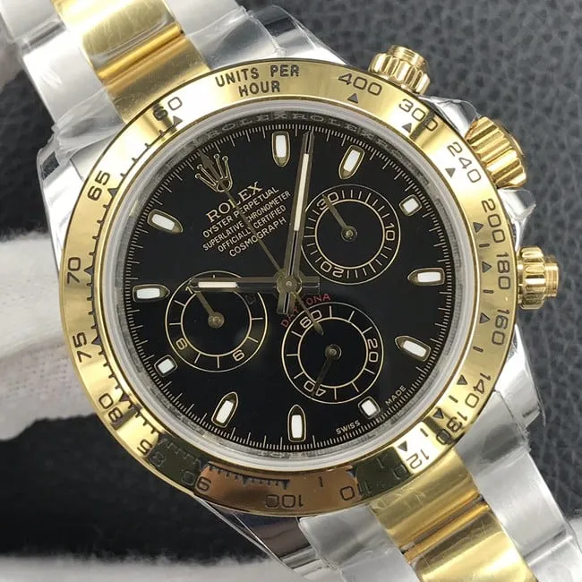 Top-tier watch Rolex universe chronograph Daytona men's black dial gold band automatic movement watch front view