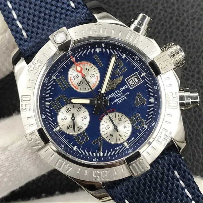 top-tier replicaBreitlinghigh-quality men's blue dial nylon strap Avengers chronograph fully automatic movement watch front view