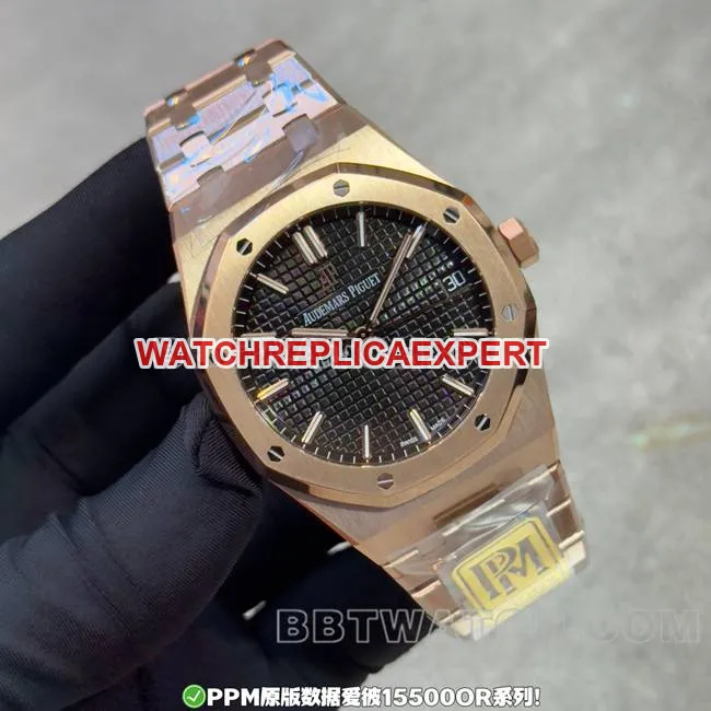 collectible Watch PPM Factory Royal Oak Audemars Piguet Black Dial Rose Gold Steel Strap 15500 Side Real Shot