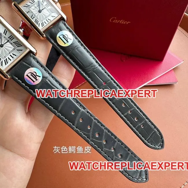 collectible watch DR factory tank Cartier silver gray plate rose gold case quartz black braceletfront live photo