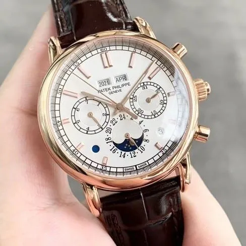 top-tier replicaPatek Philippe watch men's white dial brown belt super complex function chronograph series fully automatic movementleather strap front view