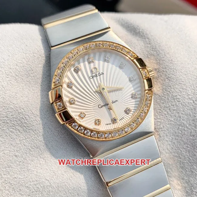 collectible Watch Constellation Omega White Dial Gold Diamond Bezel 28mm Quartz Side Real Shot