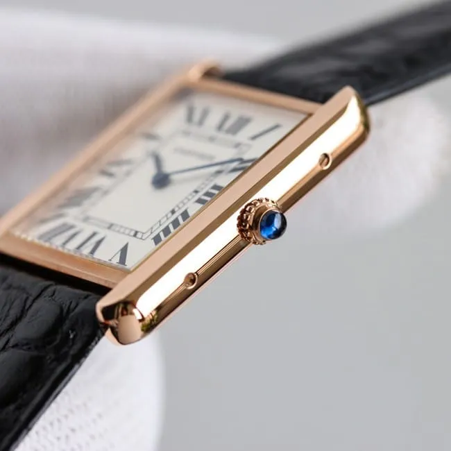 3WF factory Cartiertop-tier watch tank series white dial black belt couple series quartzleather strap watch front view