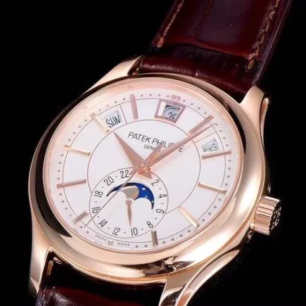 GR factory top-tier watch Patek Philippe top-tier complex function series version 5205G-013 rose gold plate white background men's mechanical watch front view