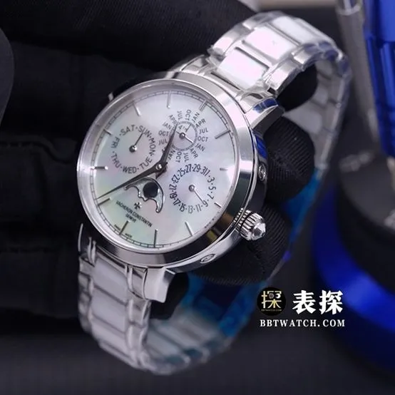 Vacheron Constantin watch white mother-of-pearl plate perpetual calendar steel bracelet front live photo