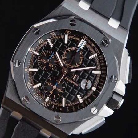 Front view of Dachang high-quality replicaAPFAudemars PiguetRoyal Oak offshore black dial26400ceramicchronograph watch devoted to research and development