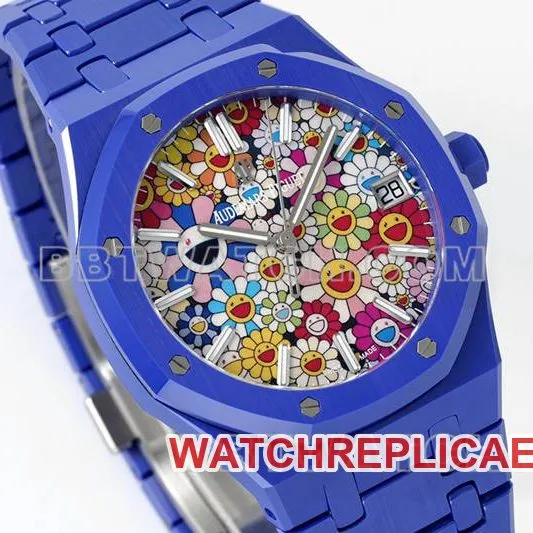 Audemars Piguet collectible watch APS factory Royal Oak flower pattern dial blue ceramicsteel bracelet model 15500front live photo
