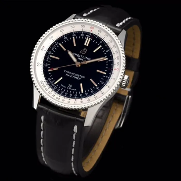 top-tier watch Breitling men's black dial aviation chronograph1 series leather strap watch detail shots