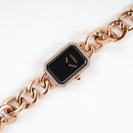 top-tier replicaChanel women's black dialrose gold with Premiere series steel braceletquartz watch front view