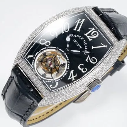 top-tier Frank Muller high-quality men's black dial black belt manual winding mechanical leather strap watch front view