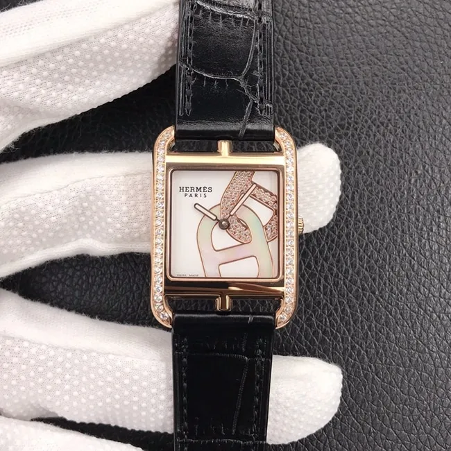 YF factory top-tier watch Hermès women's white dial black belt square stainless steel quartzleather strap watch front view
