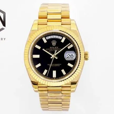 top-tier replicaRolexday displayDatejust18K gold black dial men's mechanical watch front view