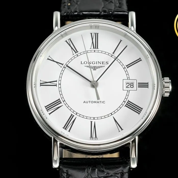 Top-tier watch Longines men's white dial black belt Rosewood series 40mm mechanical leather strap watch front view