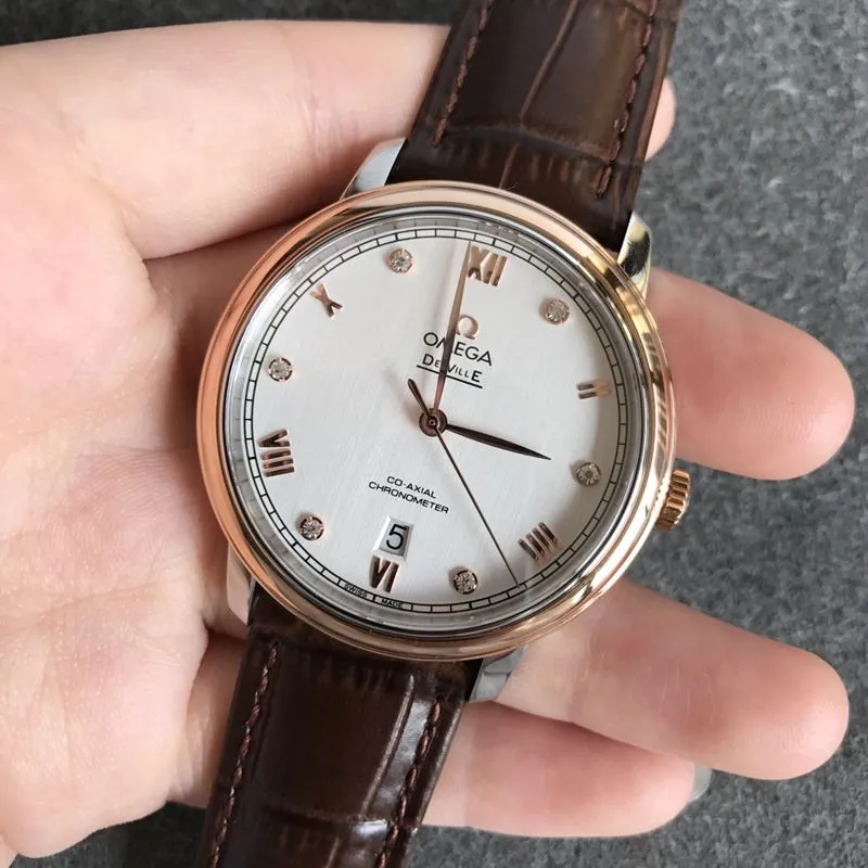 Omegatop-tierhigh-quality watch De Ville series men's white leather strap mechanical watch front view