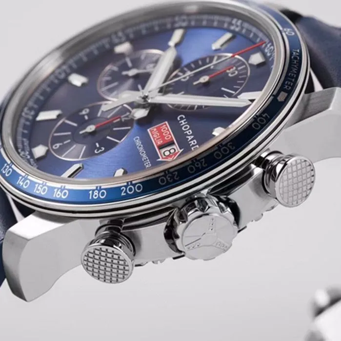 top-tier watch Chopard men's blue dial racing series leather strap watch detail shots