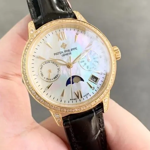 top-tier replicaPatek Philippesuper women's white dial black belt fully automatic movementleather strap watch detail shots