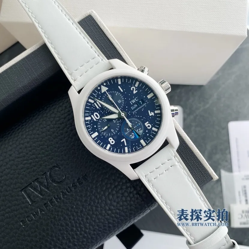 IWC blue dial pilot series naval air combat unit chronograph watch front