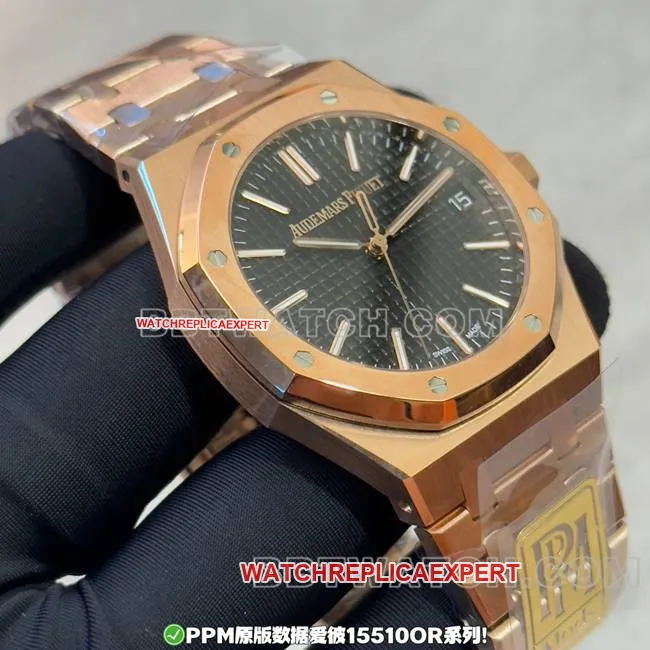 watch PPM factory Royal Oak Audemars Piguet black dial rose gold steel band front real shot photo