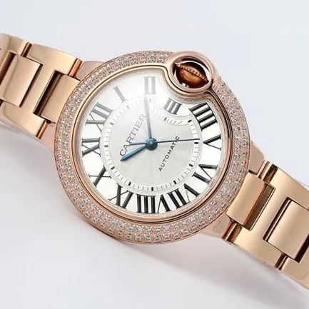 V6 factory top-tier watch Cartier blue balloon series ladies white dialsteel bracelet automatic movement watch front view