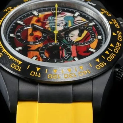 TW factory top-tier replicaRolexDaytona men's black dial yellow rubber strap full automatic movement watch front view