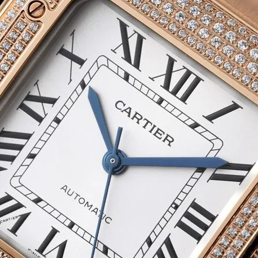 Cartiertop-tier watch Santos series women's steel braceletdiamondwhite dialrose gold watch detail shots