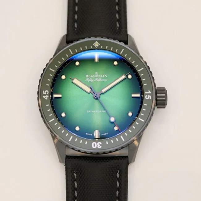 GF Factorytop-tier watch Blancpain men's green dial nylon strap fifty fathom series limited edition watch front view