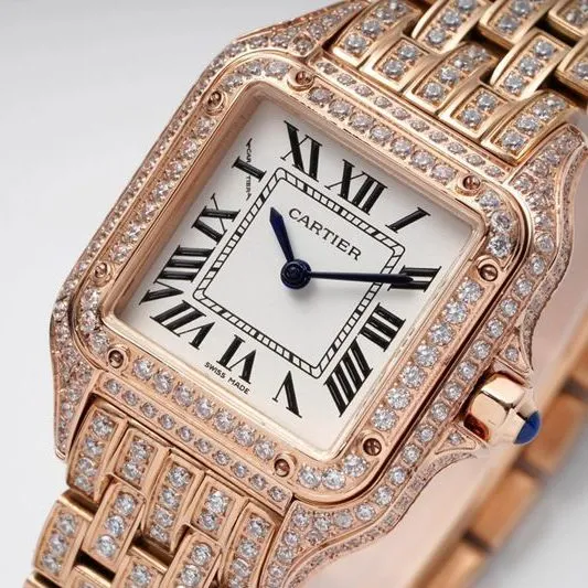 Cartiertop-tiersuper watch cheetah full diamond series ladies steel bracelet mechanical rose gold watch front view