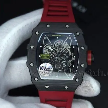 top-tier watch Richard Millerm53 carbon fiber men's black dial red strap hollow mechanical watch front view