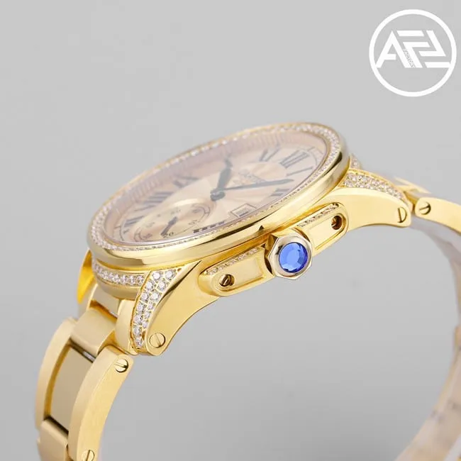 top-tier watch Cartier men's gold plate gold steel bracelet automatic movement Kalibo series watch side view