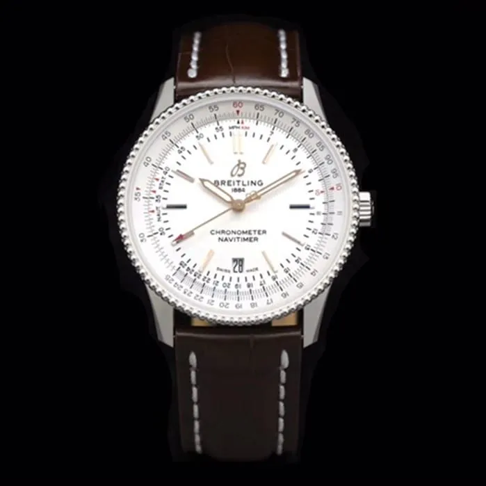 top-tier watch Breitling men's white dial aviation chronograph1 series leather strap watch front view