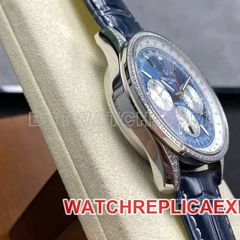 collectible watch BLS factory Breitling aviation chronograph diamond blue dialleather strap model front live photo