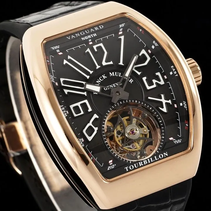 RMS factory Frank Muller men's watch black dialrose goldleather strap model V45front live photo