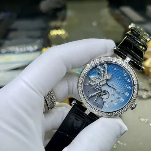 top-tier watch Van Cleef & Arpels ladies blue dial black belt fairy series leather strap watch front view